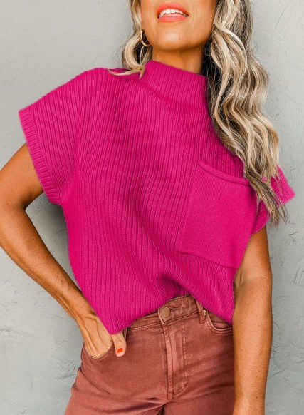 Rose Red Patch Pocket Ribbed Knit Short Sleeve Sweater LC2724250-P6
