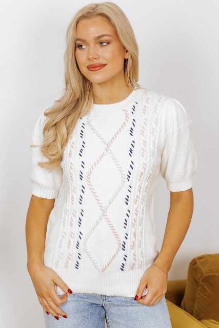 White Multicolor Stitch Detail Cable Knit Short Sleeve Sweater LC277518-P1