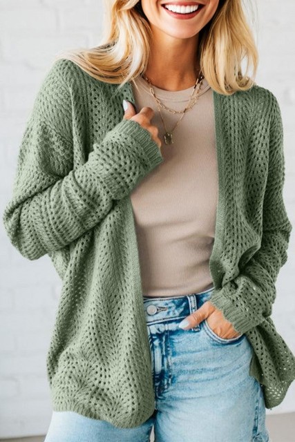 Green Bay Scalloped Edge Eyelet Knit Batwing Sleeve Cardigan LC2712478-P3109