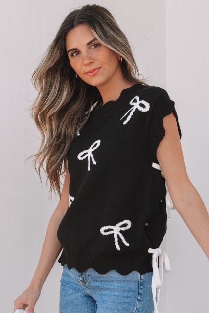 Black Bow Print Side Ties Scalloped Hem Sweater T Shirt LC277700-P2