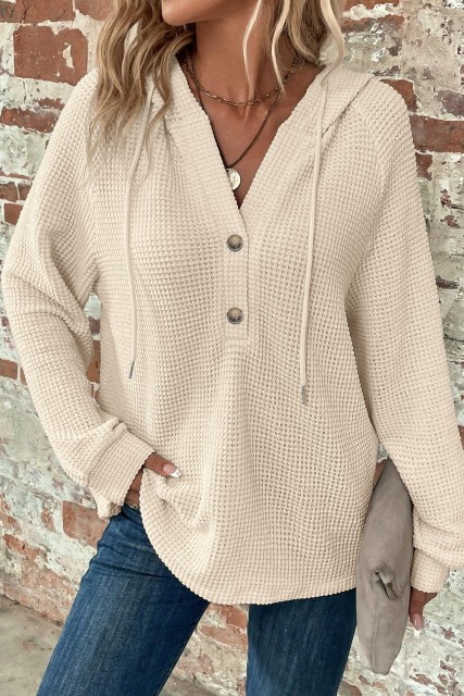 Apricot Thermal Waffle Knit Button V Neck Loose Drawstring Hoodie LC25316679-P18