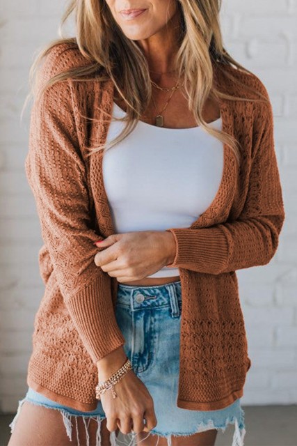 Redwood Burl Mix Pattern Hollowed Knit Open Front Cardigan LC2712351-P9017