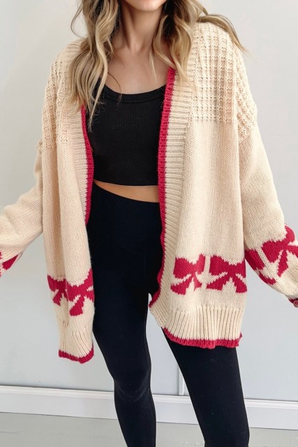 Apricot Bow Pattern Textured Open Front Baggy Cardigan LC2712343-P18