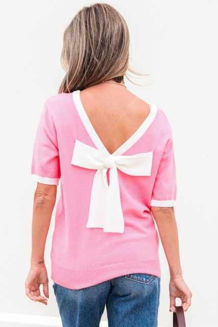 Bonbon Colorblock Bow V-Shape Cut Back Short Sleeve Sweater LC277855-P3010