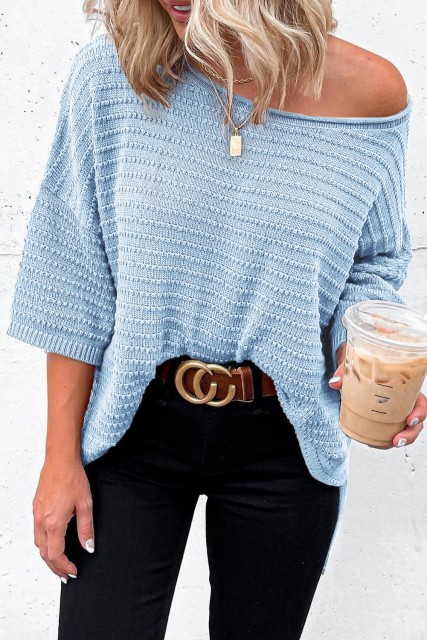 Sky Blue Textured Knit Drop Shoulder Short Sleeve Sweater LC277003-4