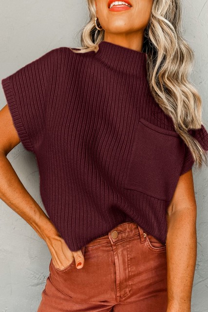 Mineral Red Patch Pocket Ribbed Knit Short Sleeve Sweater LC2724250-P303