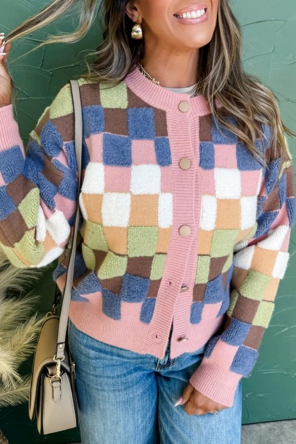 Multicolour Plush Checkered Pattern Button Front Cardigan Sweater LC2712393-P22