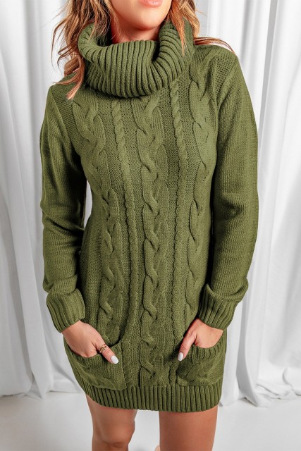 Olive Cowl Neck Cable Knit Sweater Dress LC27836-9