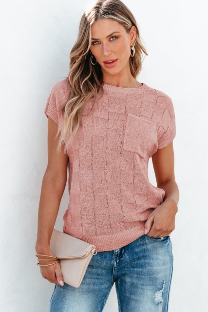 Dusty Pink Lattice Textured Knit Short Sleeve Sweater LC276182-P9010