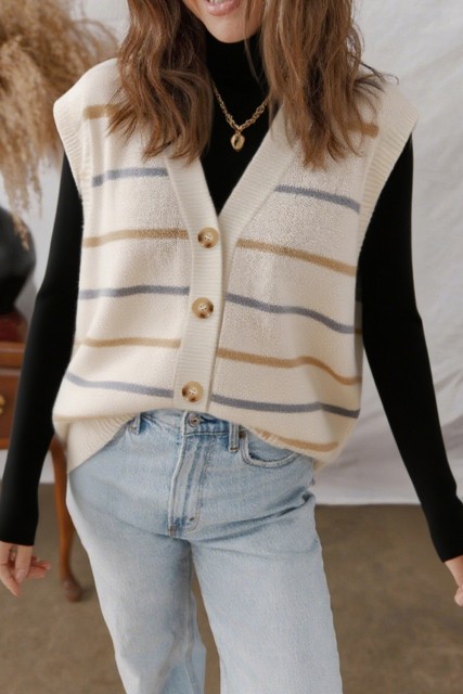 Multicolour Striped Print Button V Neck Sweater Vest LC276971-P22