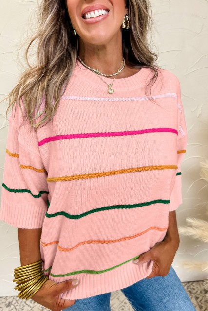 Pink Colorblock Striped Half Sleeve Drop Shoulder Sweater LC2725961-P1022