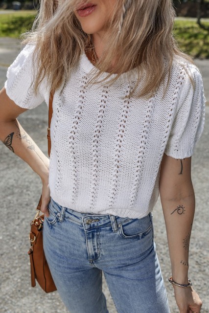 White Pointelle Knit Short Puff Sleeve Crewneck Sweater LC277540-P1