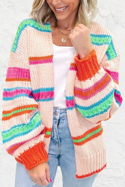 Multicolour Open Front Striped Pattern Knit Oversize Sweater Cardigan LC2712526-P22