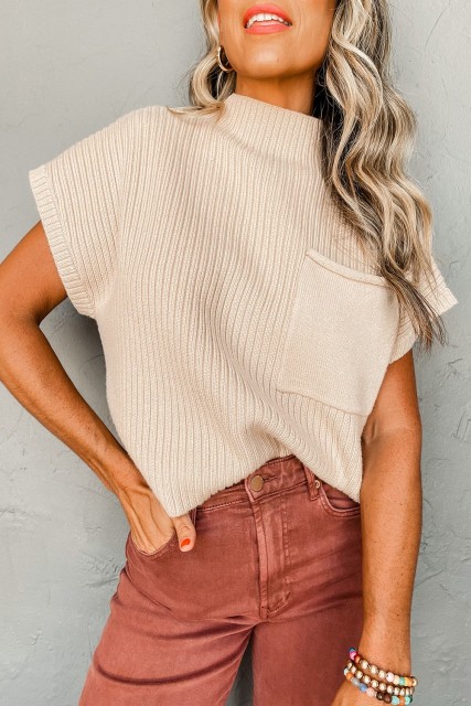 Oatmeal Patch Pocket Ribbed Knit Short Sleeve Sweater LC2724250-P1015