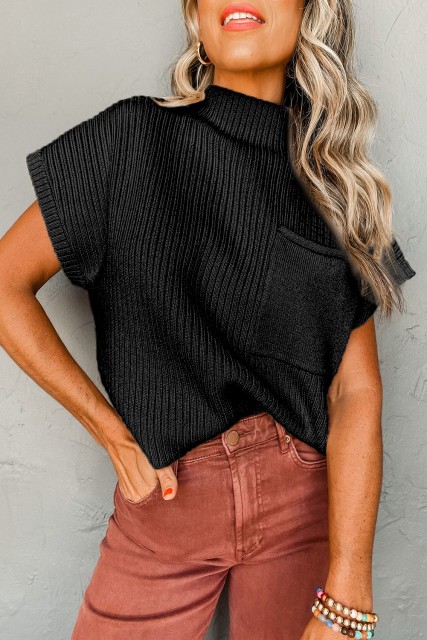 Black Patch Pocket Ribbed Knit Short Sleeve Sweater LC2724250-P2