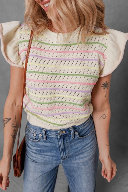 Oatmeal Colorful Striped Eyelet Knit Ruffled Sleeve Sweater T Shirt LC277710-P1015