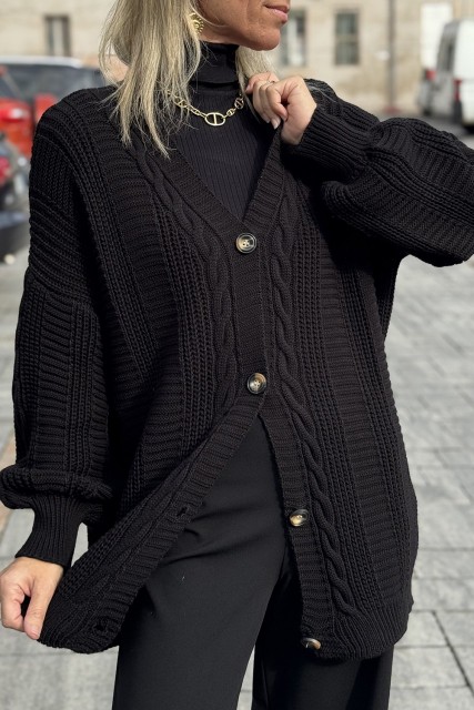 Black Cable Knit Button V Neck Oversize Sweater Cardigan LC2712638-P2