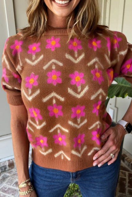 Brown Floral Short Puff Sleeve Sweater LC2771086-P1720