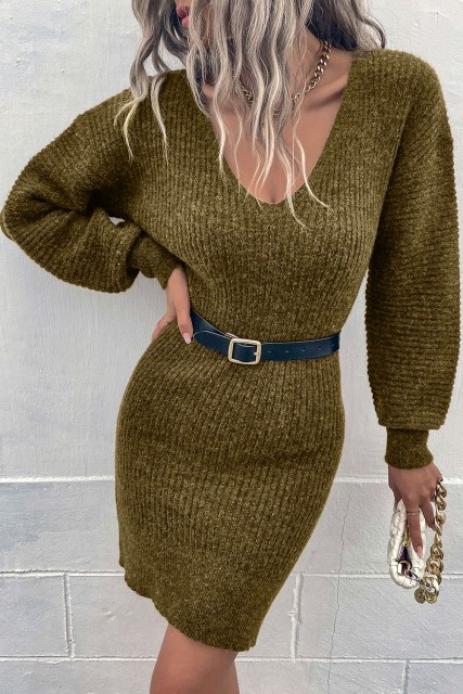 Green V Neck Bodycon Sweater Dress LC273474-9