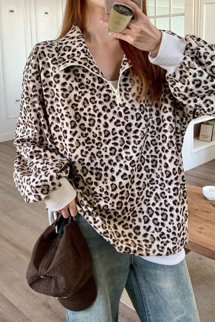 Beige Leopard Print Quarter Zip Corduroy Sweatshirt LC25320437-P1520