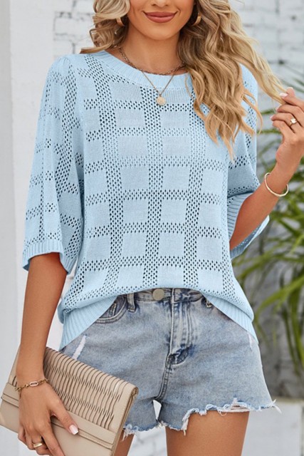 Myosotis Eyelet Checker Knit Half Sleeve Top LC277401-P1204
