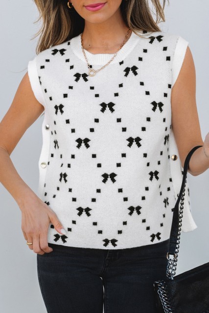 White Bow Pattern Buttoned Side Cropped Sweater Vest LC276734-P122