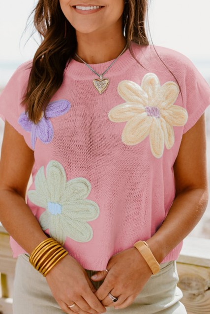 Pink Multi Crochet Flower Knit Short Sleeve Sweater Top LC277279-P10