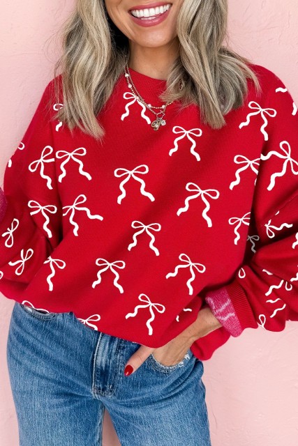 Red Ribbon Bow Pattern Drop Shoulder Sweater LC2727289-P10320