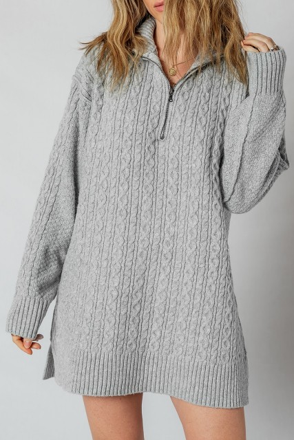 High Cable Knit Quarter Zip Ribbed Trim Loose Sweater Dress LC273878-P6011