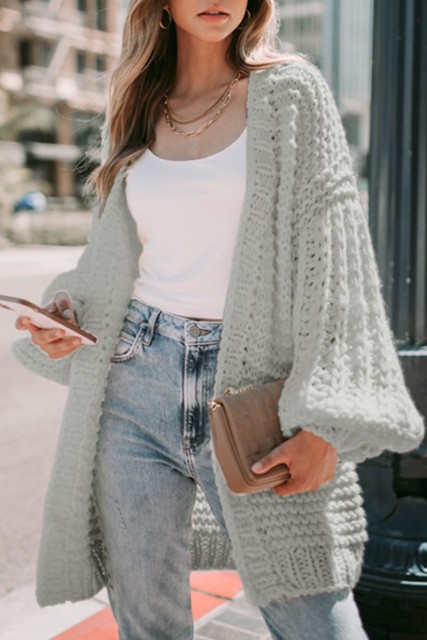 Gray Chunky Oversize Knit Drop Shoulder Puff Sleeve Cardigan LC271966-11