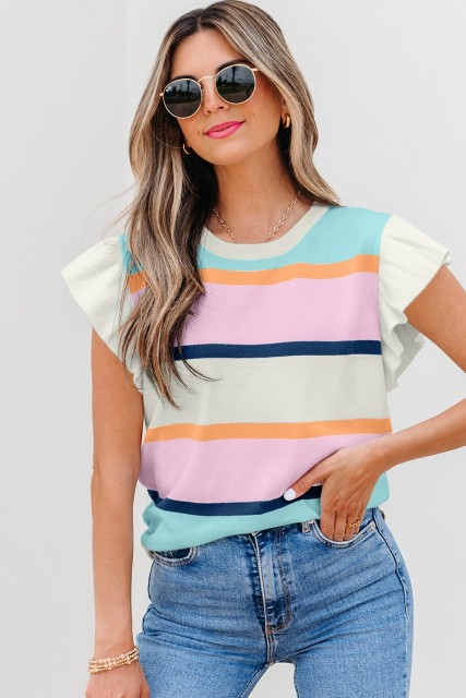 Multicolour Striped Color Block Flutter Sleeve Patchwork Sweater Top LC277816-P22