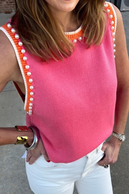 Bright Pink Contrast Trim Pearl Detail Sweater Tank Top LC276839-P106