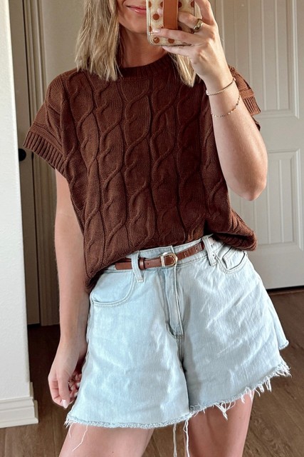 Dark Brown Cable Texture Crew Neck Short Sleeve Sweater Top LC2726949-P5017