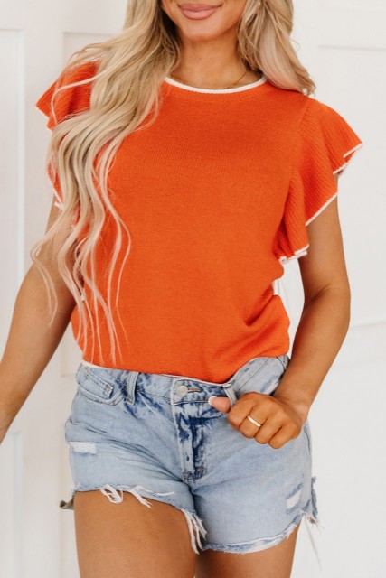 Russet Orange Contrast Trim Ruffle Sleeve Knitted Top LC277170-P7014