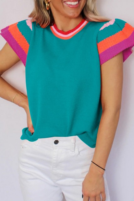 Turquoise Contrast Flutter Sleeves Knitted Sweater T Shirt LC2724732-P404