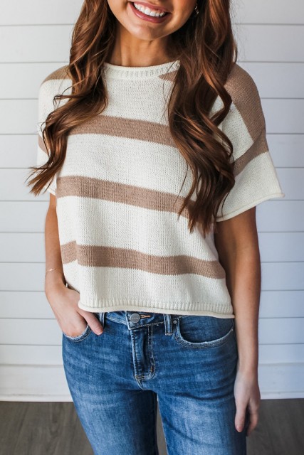 Khaki Stripe Dropped Short Sleeve Lightweight Knitted Top LC277353-P1619