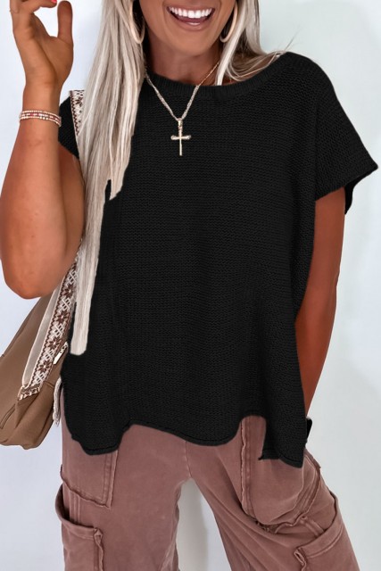Black Solid Color Sweater Tee with Side Slits LC277740-P2
