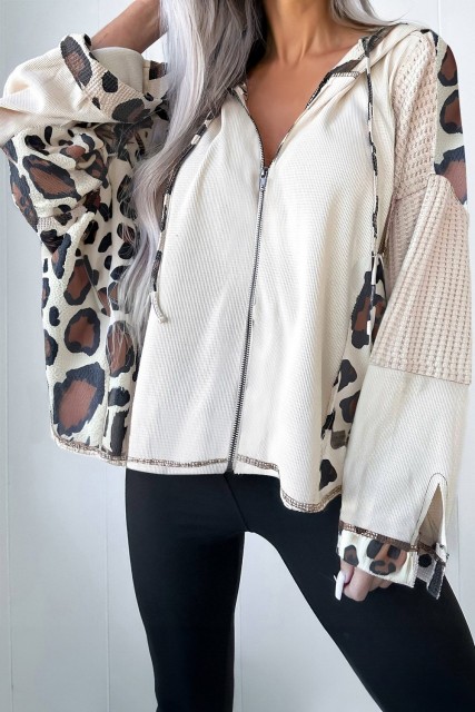 Apricot Oversized Leopard Contrast Mixed Texture Patchwork Zip Up Drop Shoulder Hoodie LC25317527-P18