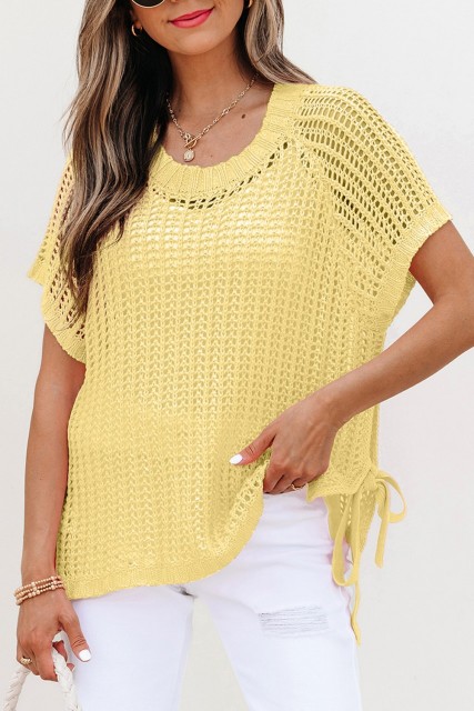 Yellow Cream Hollow-out Crochet Side Tied Short Sleeve Sweater LC277897-P107