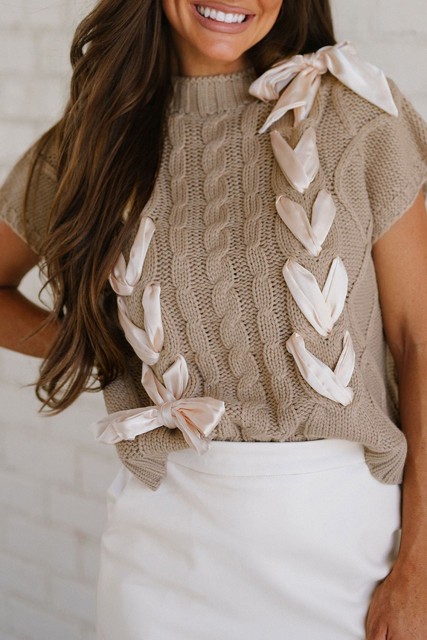 Simply Taupe Cable Knit Colorblock Satin Bowknot Short Sleeve Sweater LC277536-P6017