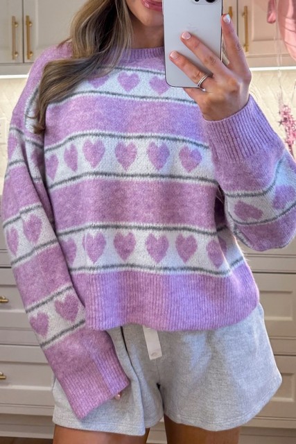 Purple Heart Print Striped Color Block Knit Loose Sweater LC2727717-P822