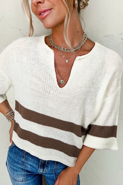 Brown Striped Accent Notched V Neck Cropped Sweater T Shirt LC277559-P1719