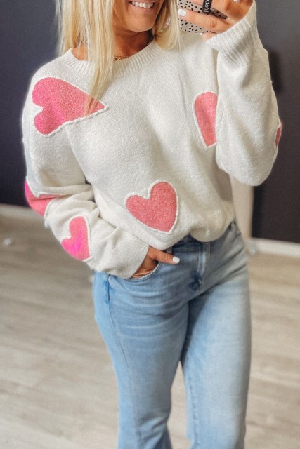 White Heart Patched Pattern Valentine Cropped Sweater LC2727645-P1