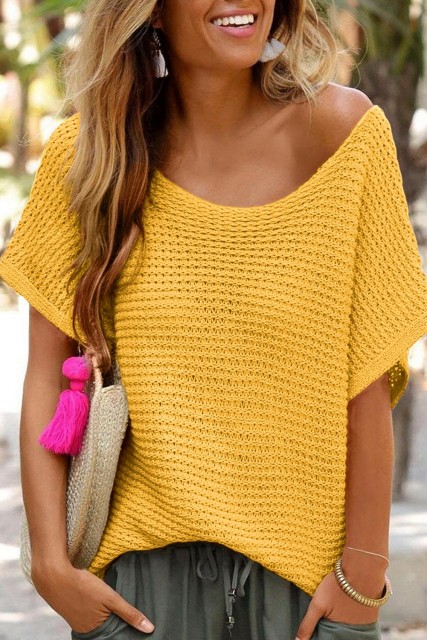 Ginger Solid Loose Knit Short Dolman Sleeve Sweater LC277070-P307