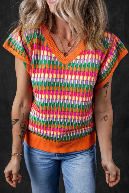 Orange Multi Flutter Sleeve Knitted Sweater Top LC276441-P1422