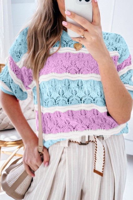Purple Stripe Color Block Hollow Out Crochet Half Sleeve Sweater LC277343-P819