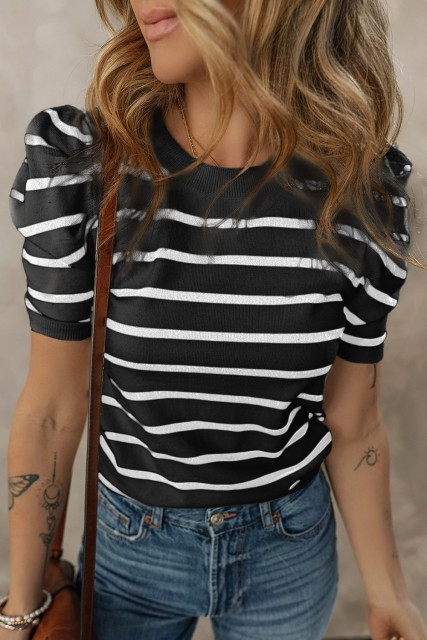 White Stripe Ribbed Trim Round Neck Bubble Sleeve Knitted Top LC2724348-P119