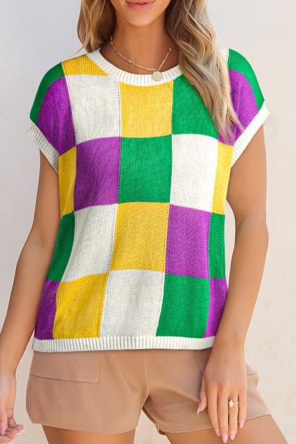 Tillandsia Purple Color Block Cap Sleeve Sweater LC277059-P8