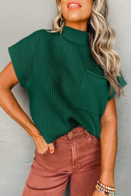 Blackish Green Patch Pocket Ribbed Knit Short Sleeve Sweater LC2724250-P309