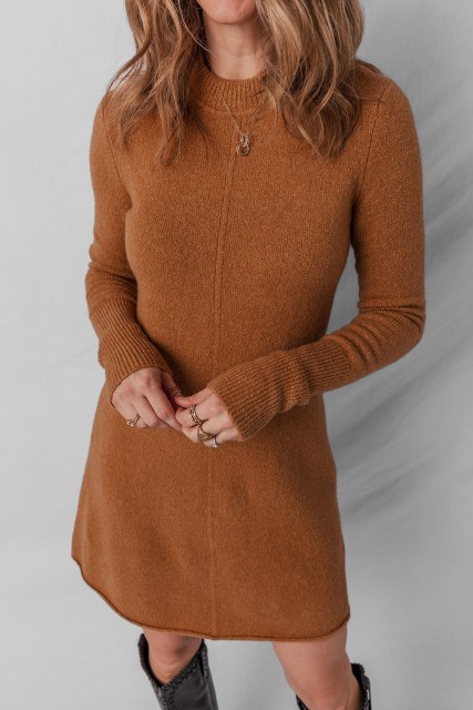 Straw Yellow Ribbed Detail Solid Color Mini Sweater Dress LC273877-P8016